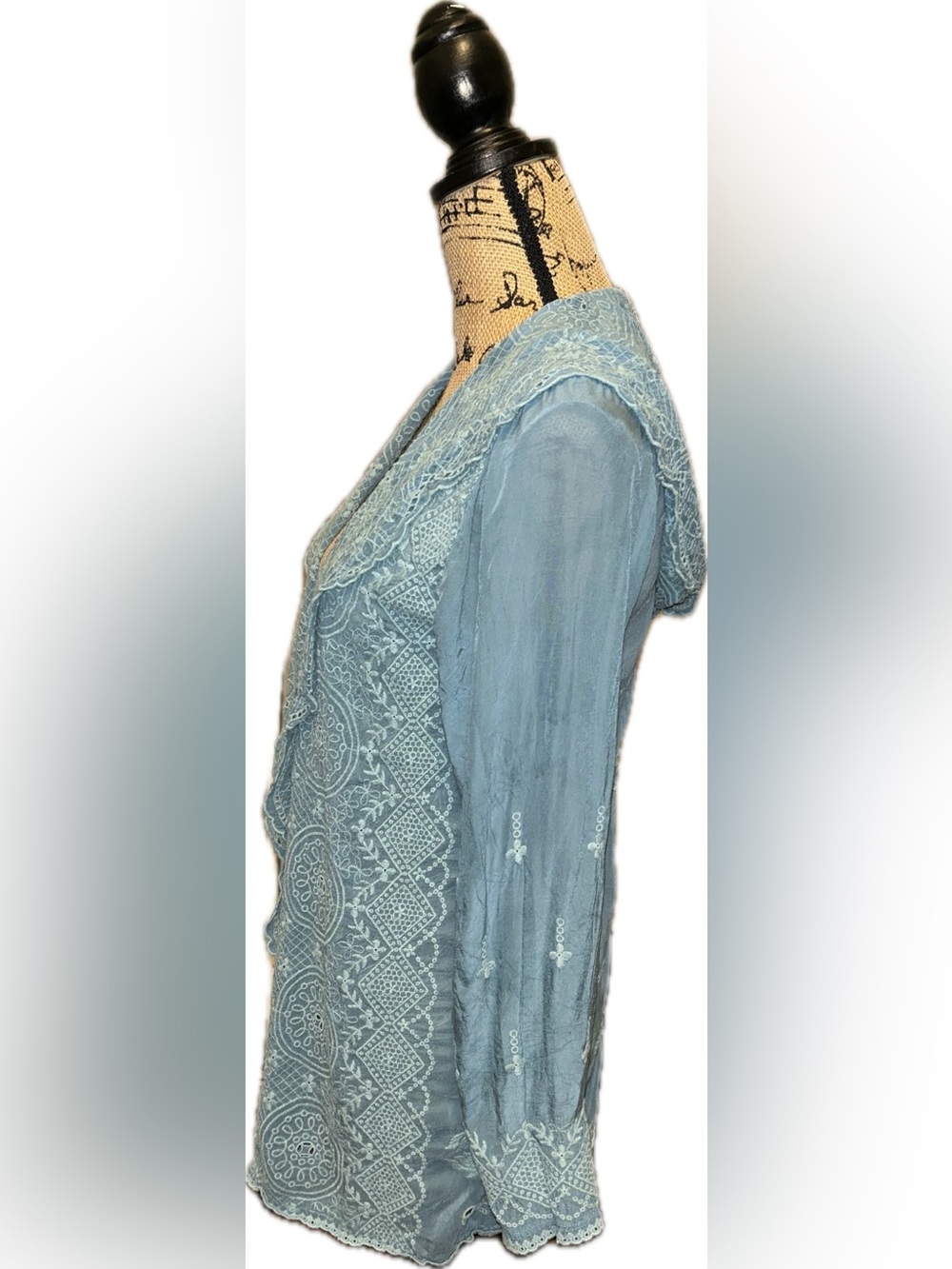 Johnny Was Light Teal Blue Lace-Embroidered Shawl Hood Scalloped Open Cardigan S - Picture 5 of 11